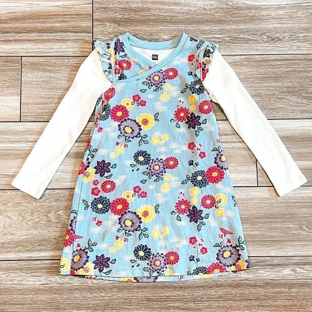 Tea Collection Long Sleeve Floral Flutter Shoulder Dress Size 4